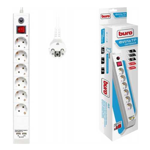 Сетевой фильтр BURO BU-SP1,8_USB_2A-W, 6 розеток, 1,8 м, White в Кей